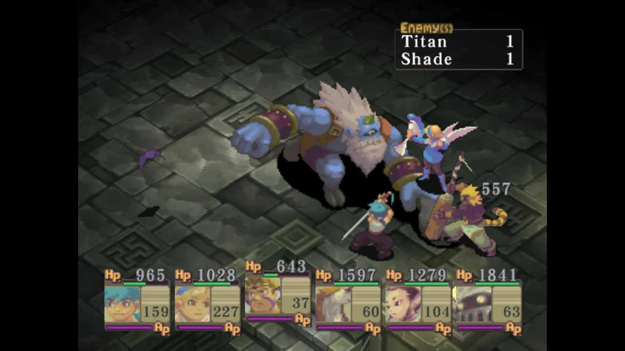 Turn-based battle against a large blue enemy