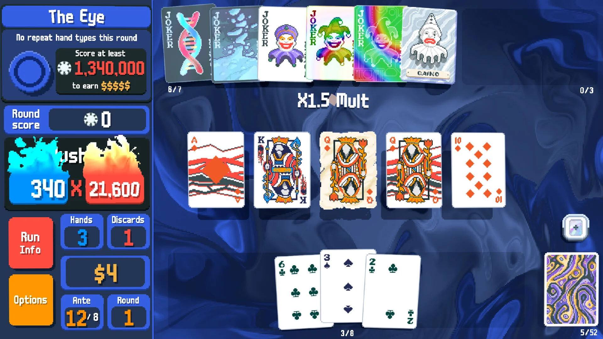 Blue table on The Eye Blind with a 340 times 21,600 multiplier and a full house of hearts