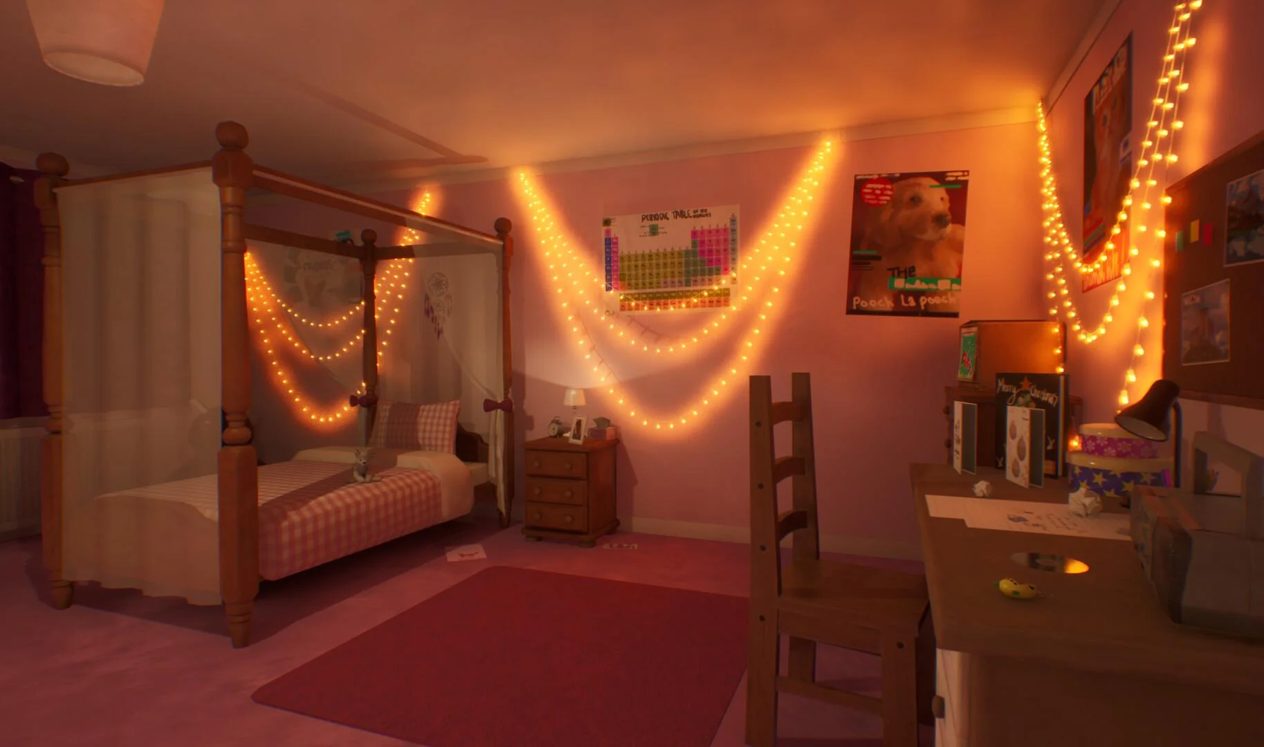Teen bedroom with a four-poster bed and warm string lights