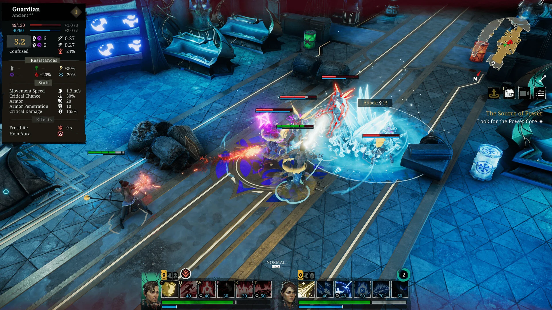 NORMAL fight: party vs crystal foes, Attack 15 popup, Frostbite Halo Aura on Guardian