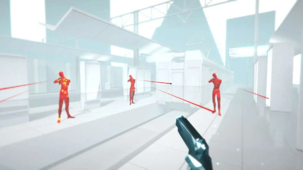 White station: pistol aimed at three red figures with red bullet trails in the air