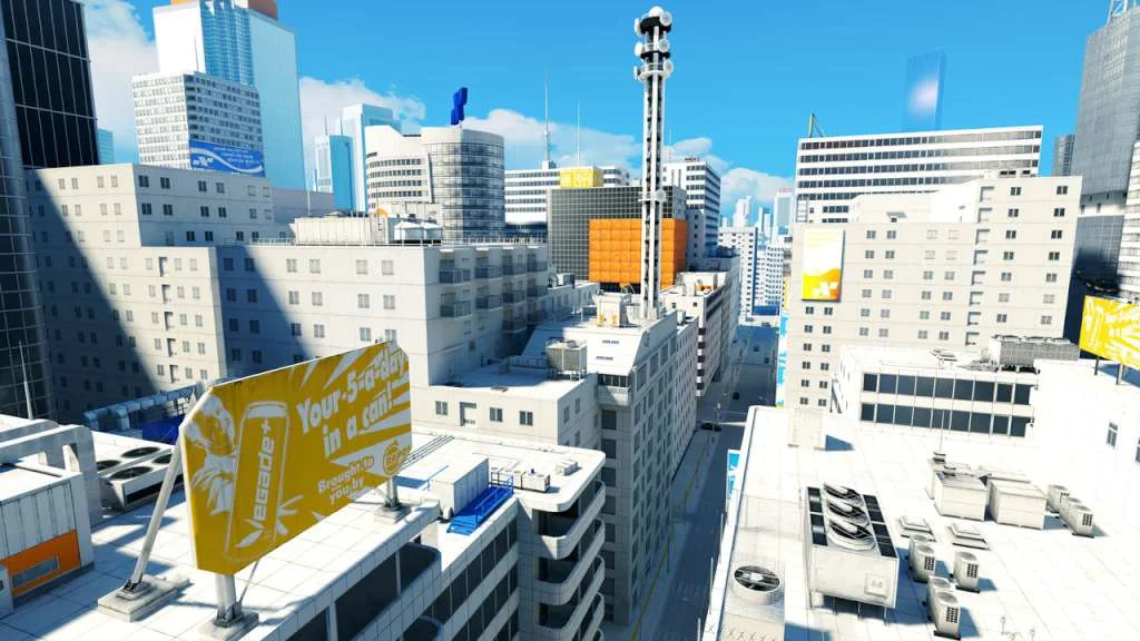 Mirror's Edge Faith wall-running above city glass