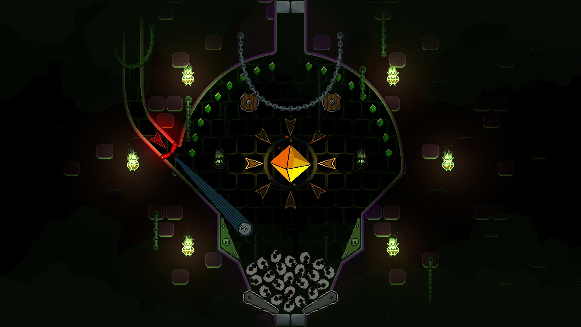Dark table: yellow crystal in a star ring, green gems, chains, packed balls at the flippers