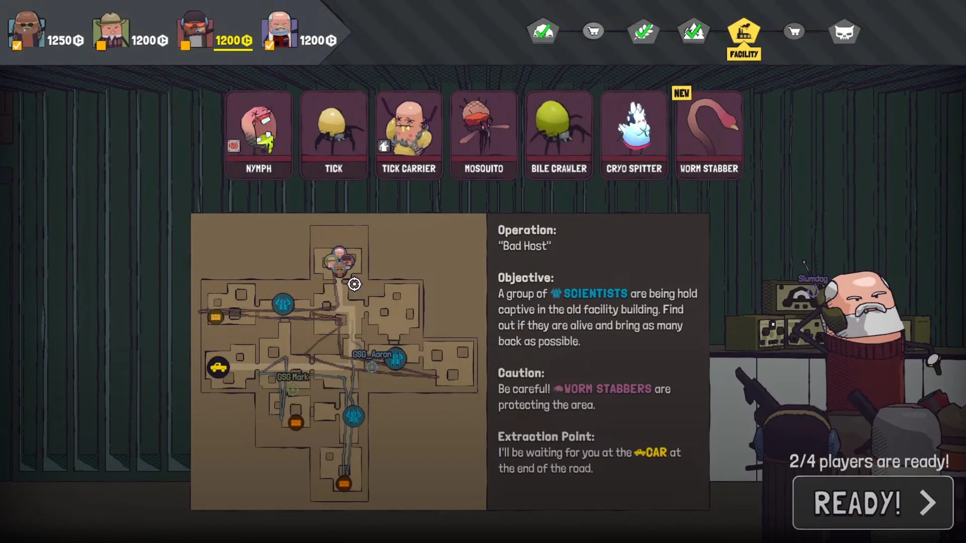 Operation Bad Host: Nymph Tick Mosquito roster, facility map, 2/4 players are ready
