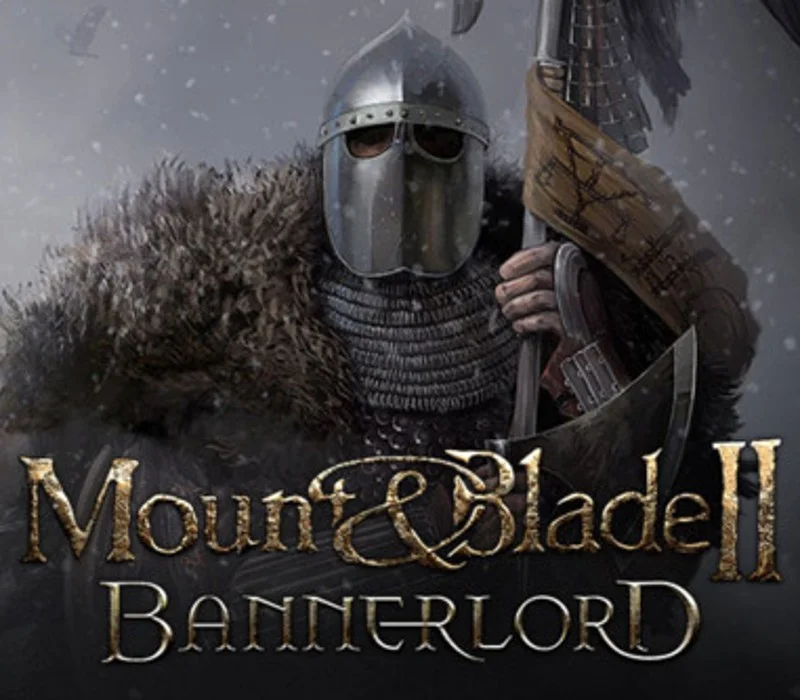 Nasal-helmed warrior in mail and a fur cloak holding a bearded axe with a rune-marked banner, gold Mount & Blade II Bannerlord title in snow