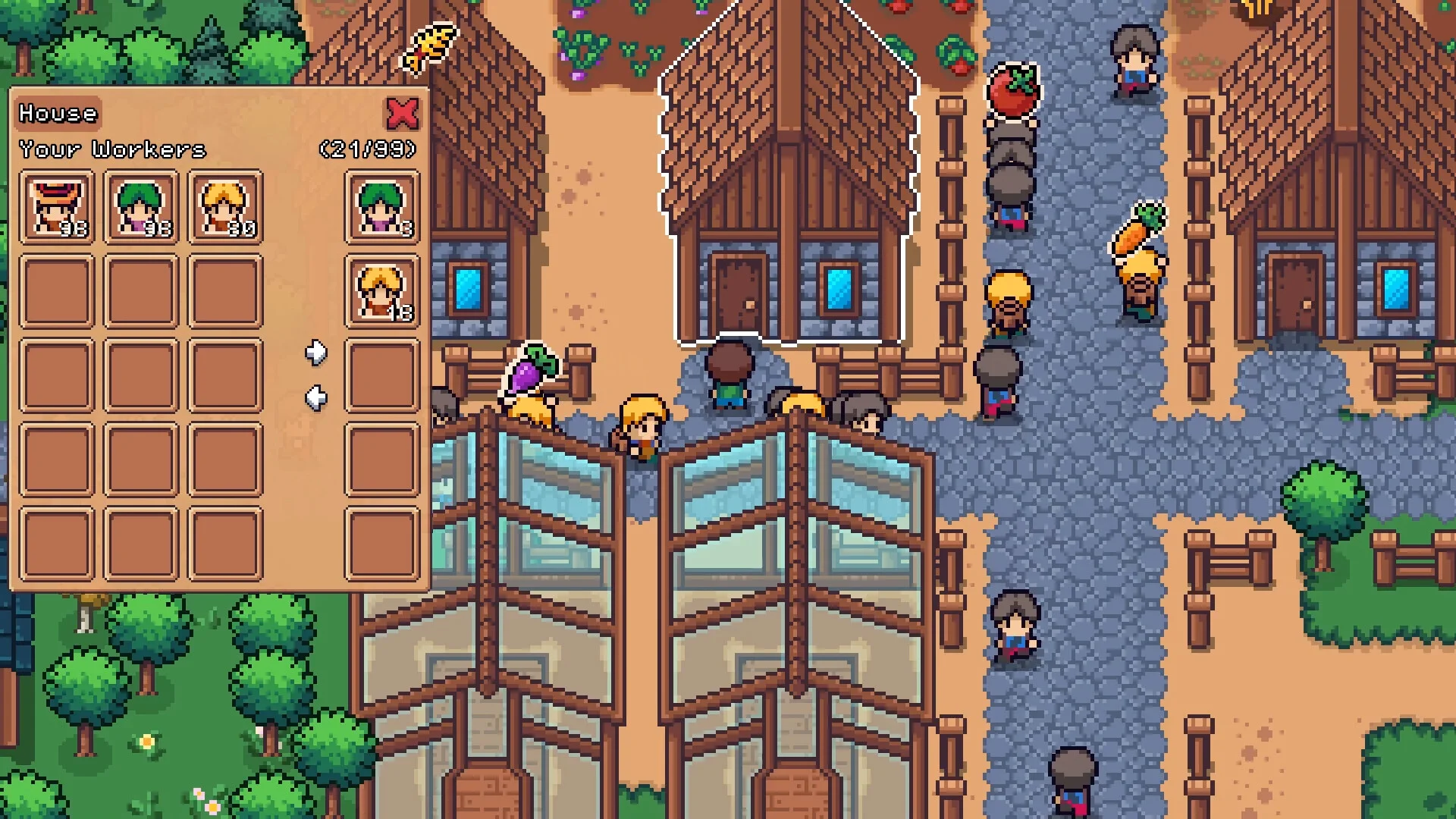 House Your Workers 21/99: worker portraits, stone cottages, greenhouse glass, villagers with tomato and carrot