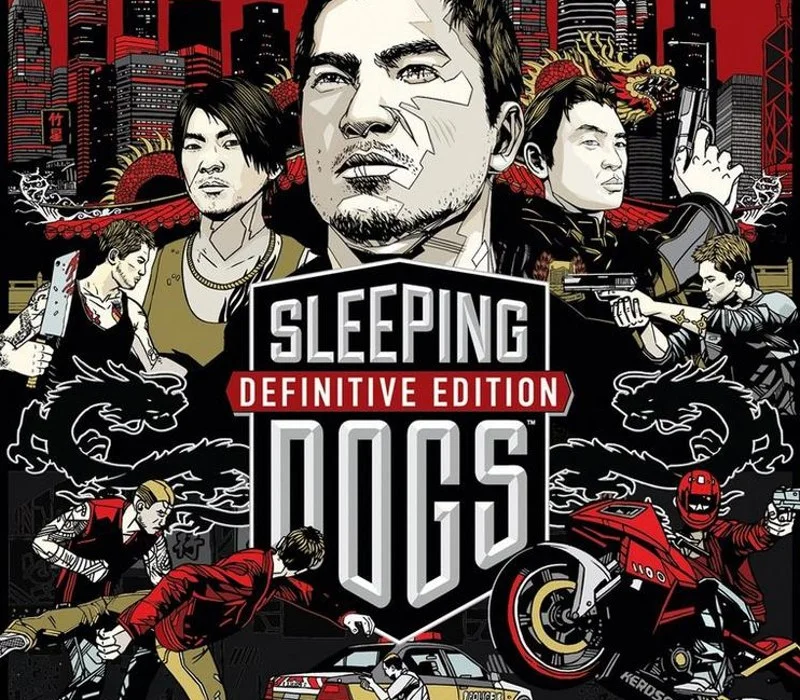 Comic Sleeping Dogs Definitive Edition cover: Wei Shen at centre, a woman left, a gunman right, a red superbike, a taxi, a cleaver, and dragons on a Hong Kong skyline