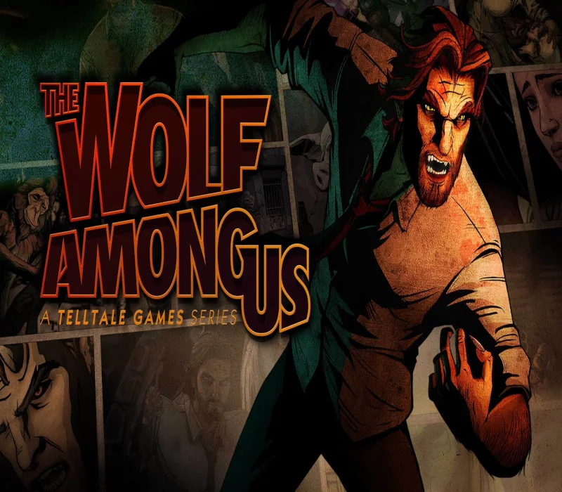 The Wolf Among Us cover with a bearded man in a brown coat and red eyes.