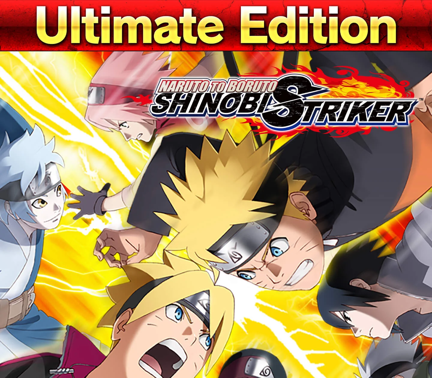 Shinobi Striker Ultimate Edition cover, Naruto Sasuke Boruto Mitsuki Sakura around the logo