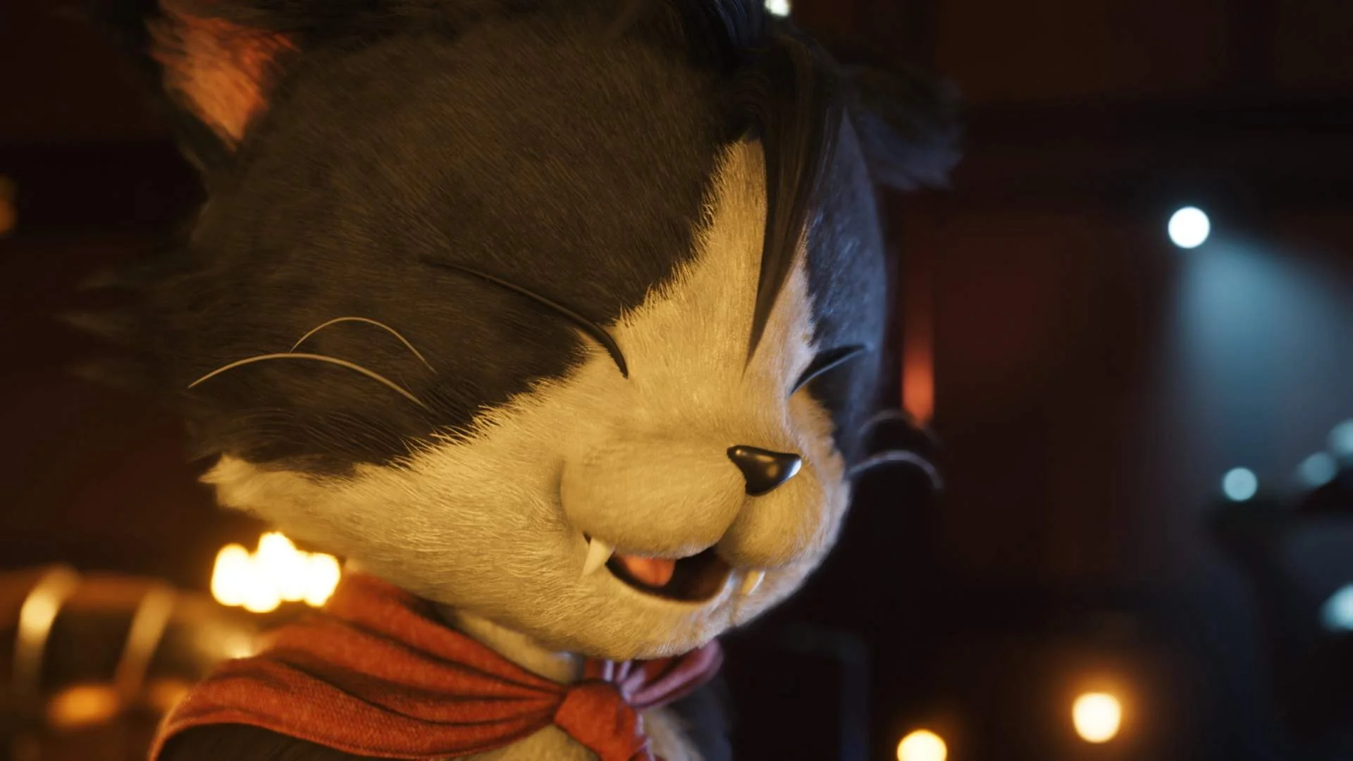 Close portrait of Cait Sith, a black-and-white cat with a red scarf, eyes closed and smiling