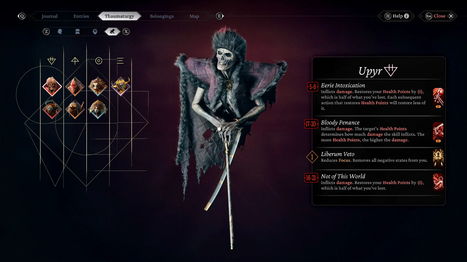 Thaumaturgy screen: Upyr in rags with a cane, skill list Eerie Intoxication Bloody Penance Liberum Veto