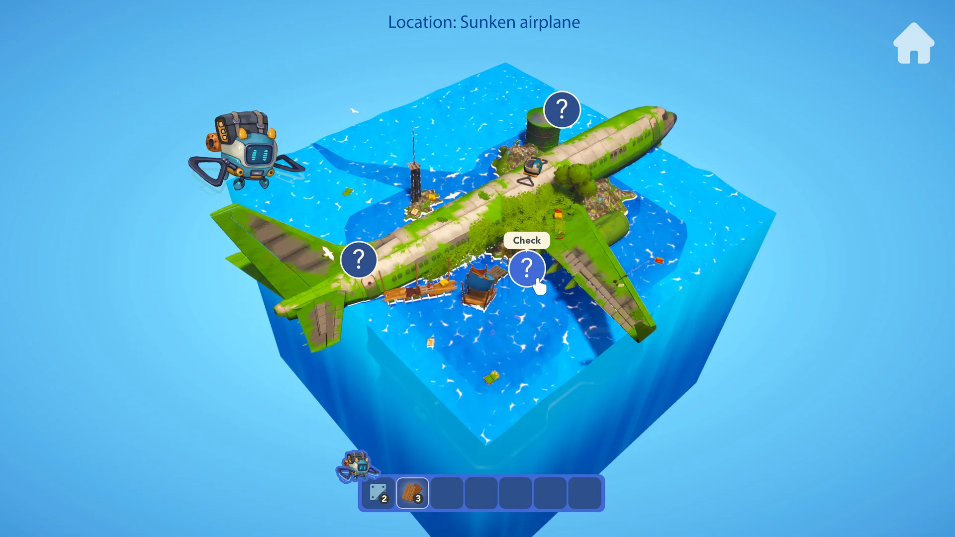 Location Sunken airplane, mossy airliner in a water cube, blue drone, Check prompt and question-mark pins