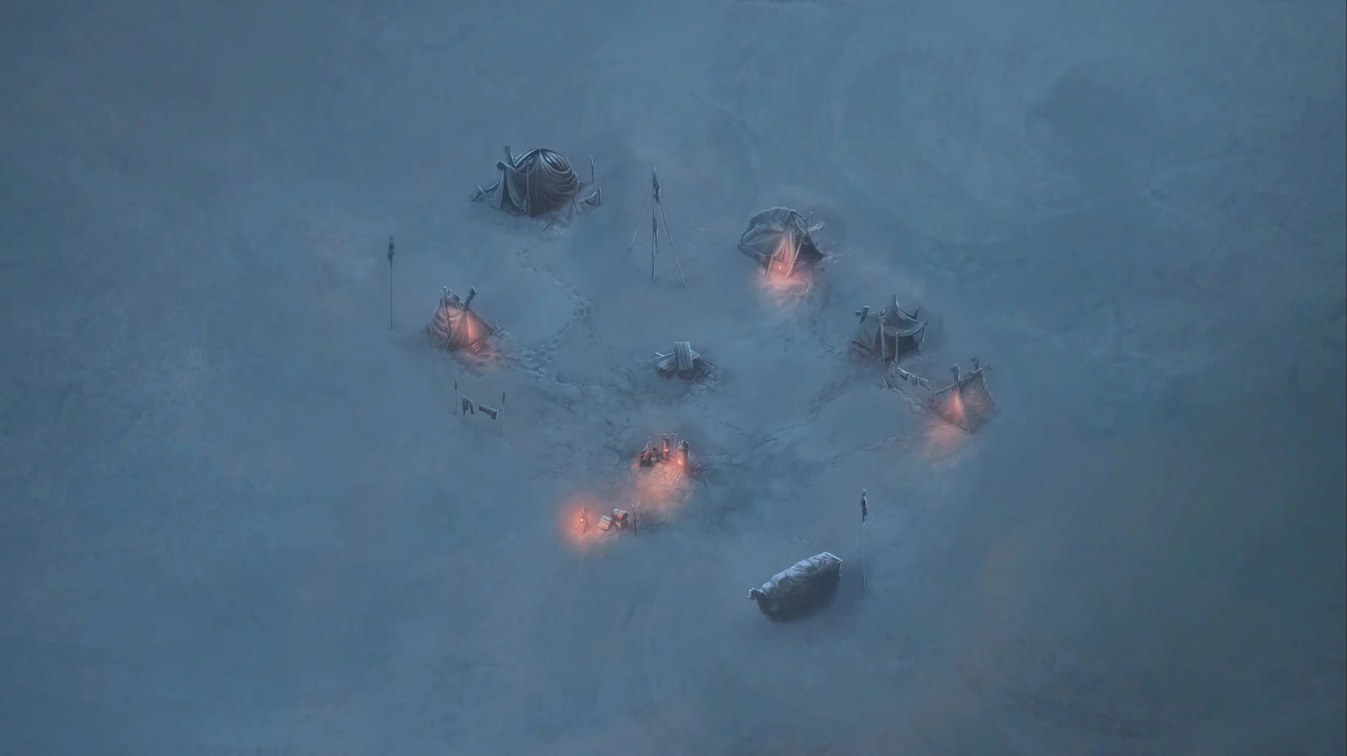 Aerial view of a small circle of tents with orange fires on a vast blue ice field, one figure standing apart