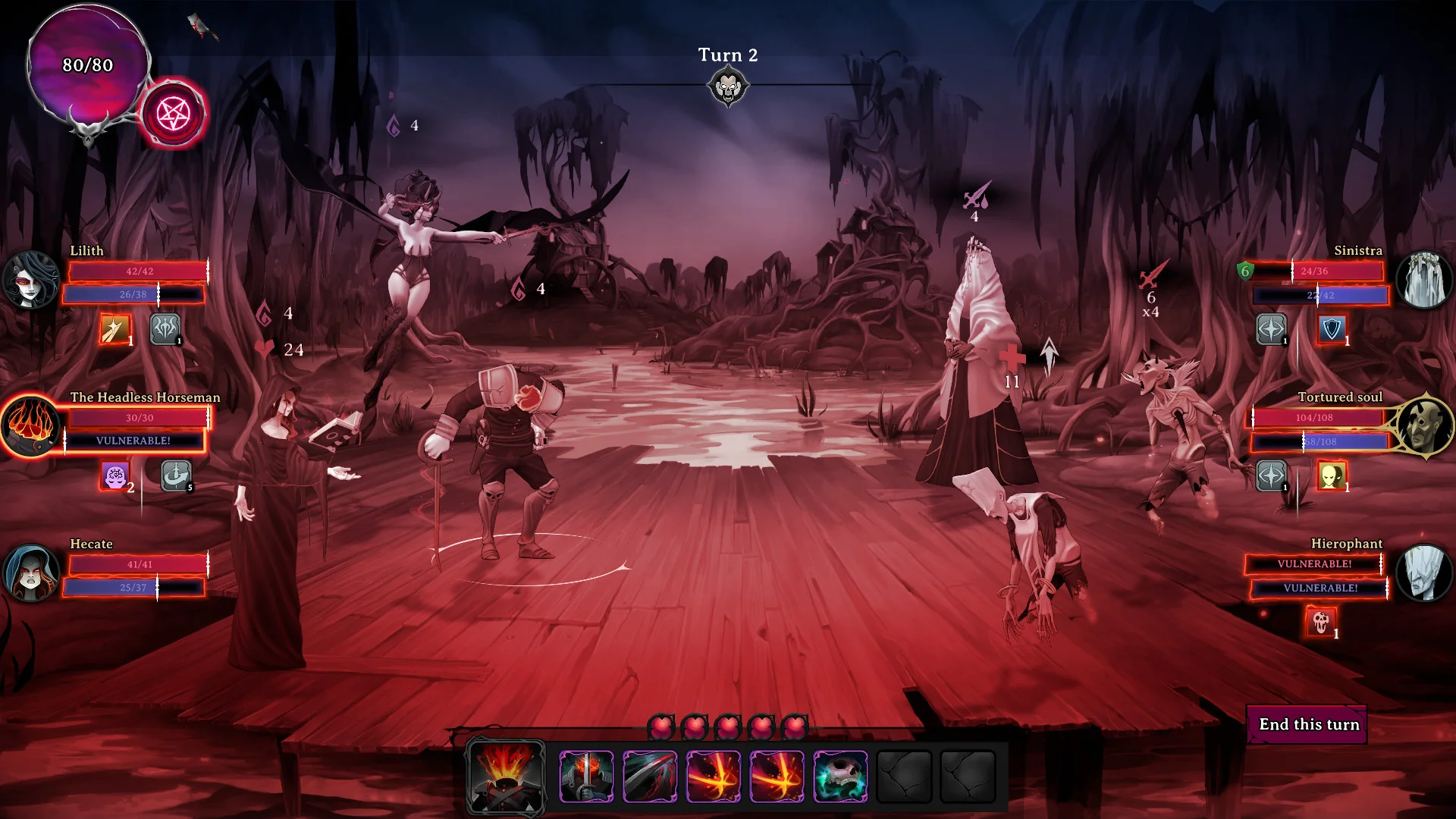 A red-lit street battle with shadowy combatants.