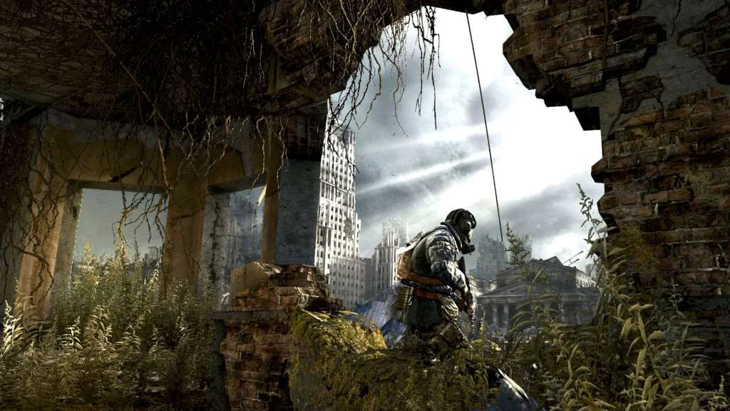 A survivor looks through a broken wall at a ruined city