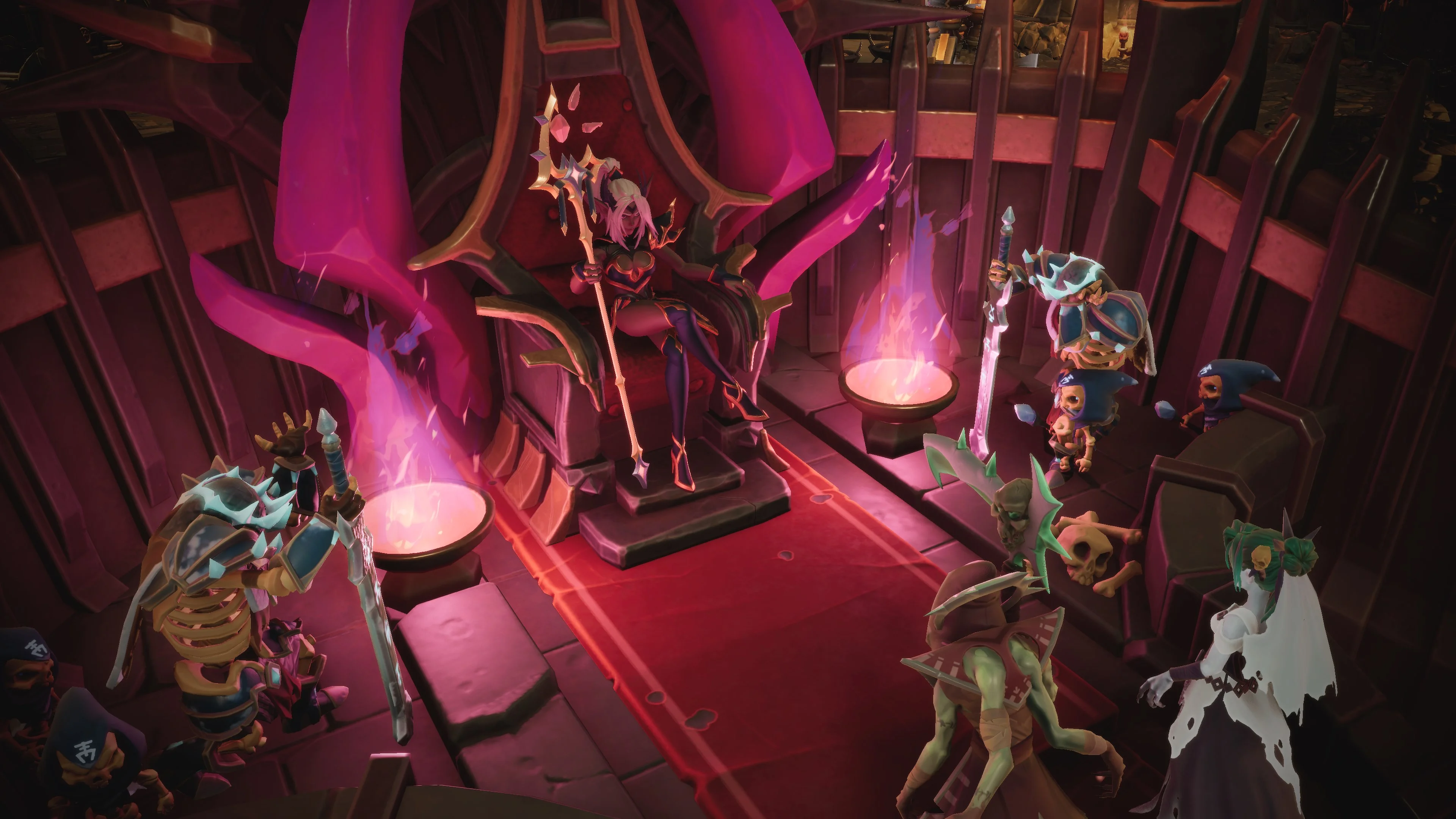 Thalya seated on a magenta crystal throne while goblins and a green bride gather below