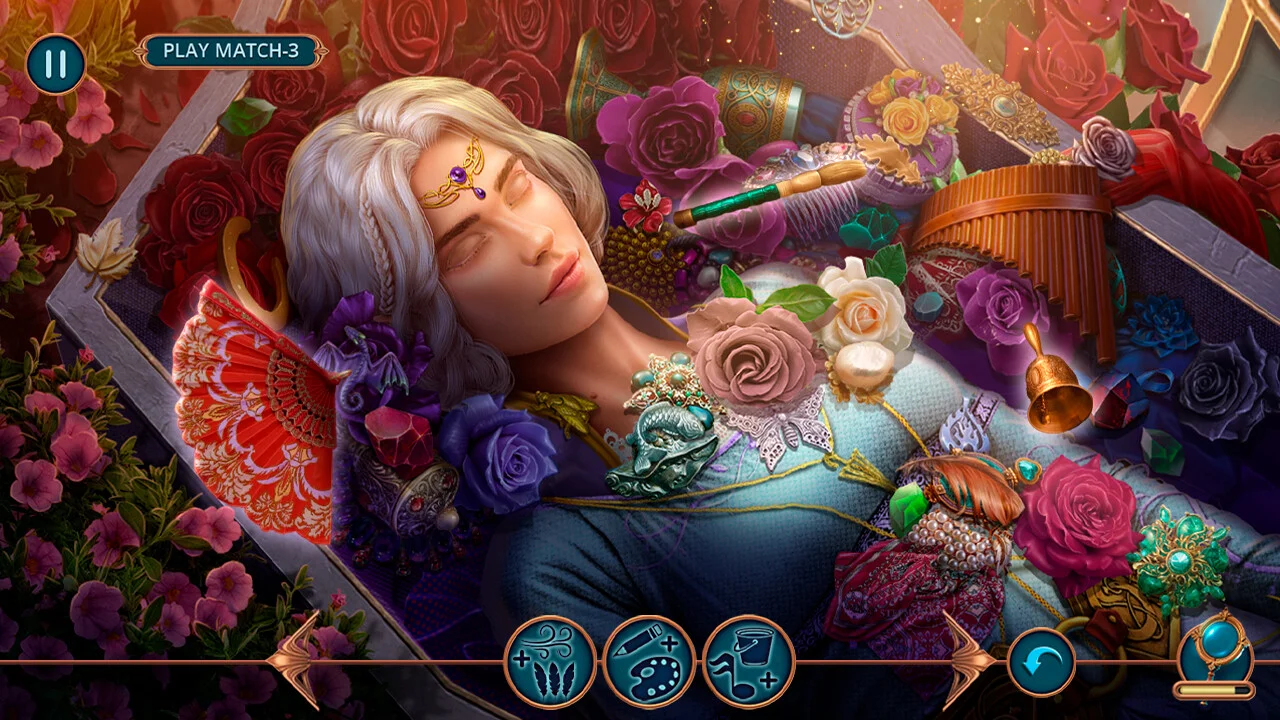 A silver-haired figure asleep among roses, jewels and a pan flute with a Play Match-3 control
