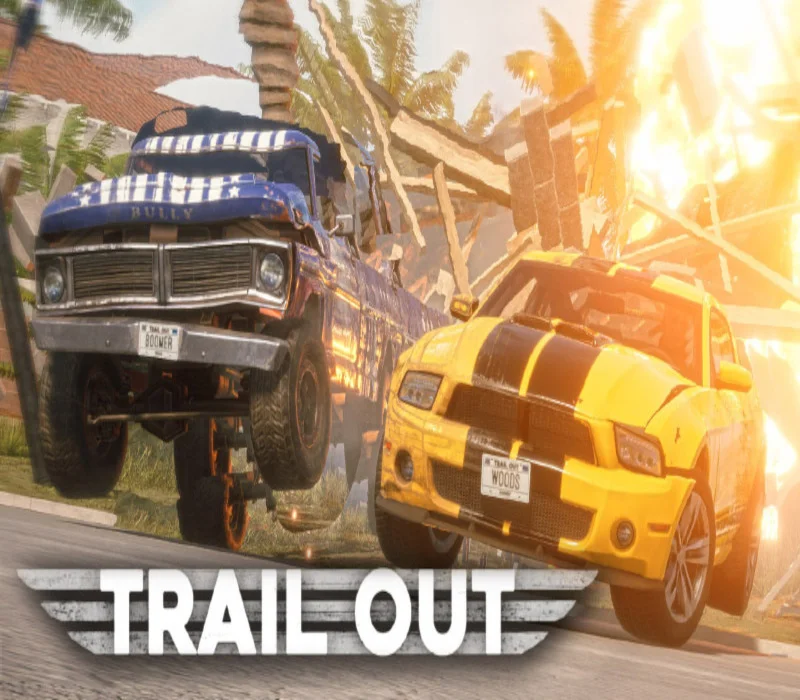 TRAIL OUT cover, blue BULLY truck plate BOOMER jumping beside a yellow-black coupe plate WOODS through fire and palms