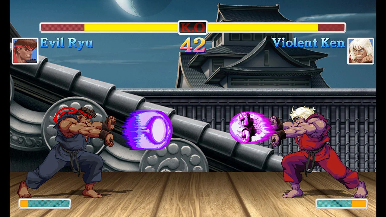 Ryu and Violent Ken face each other on a wooden boat stage.