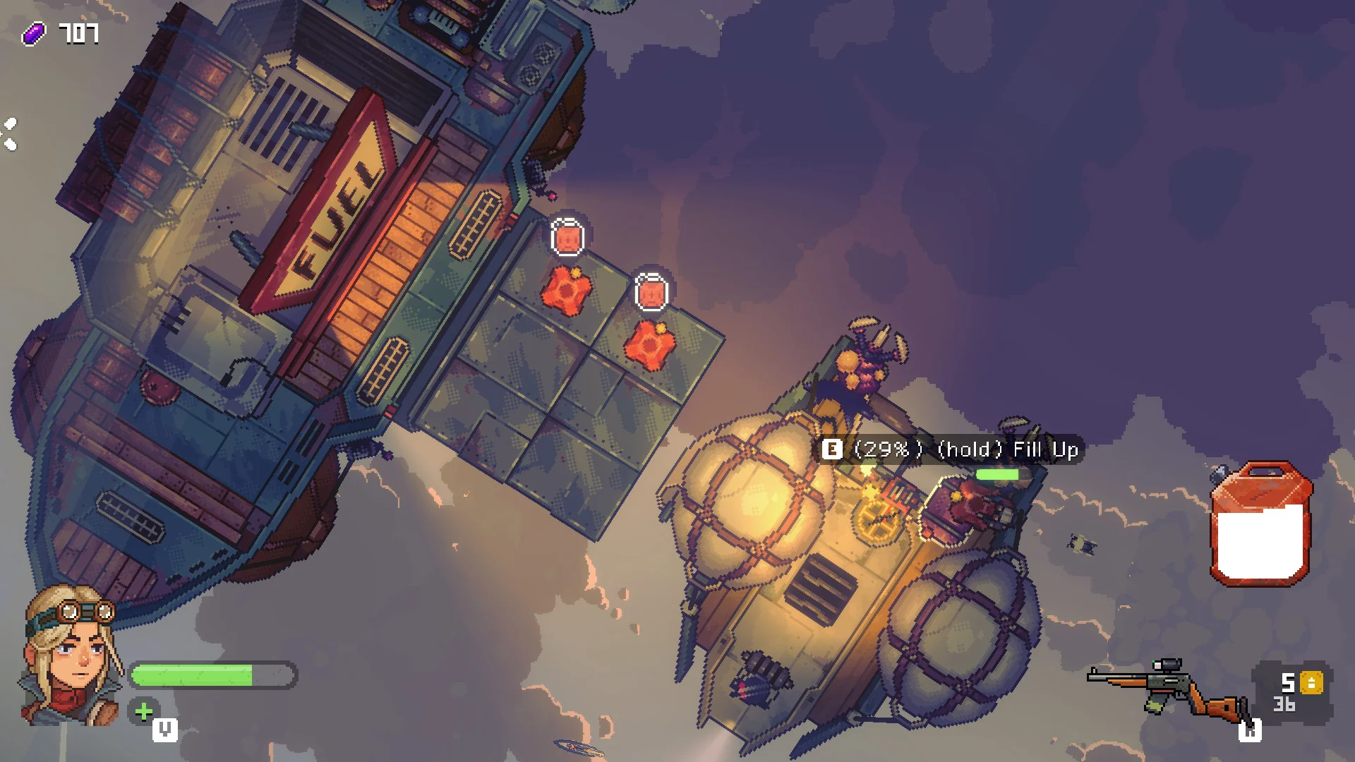 FUEL platform: hold Fill Up at 29 percent, red canisters, Eva topping up a balloon ship
