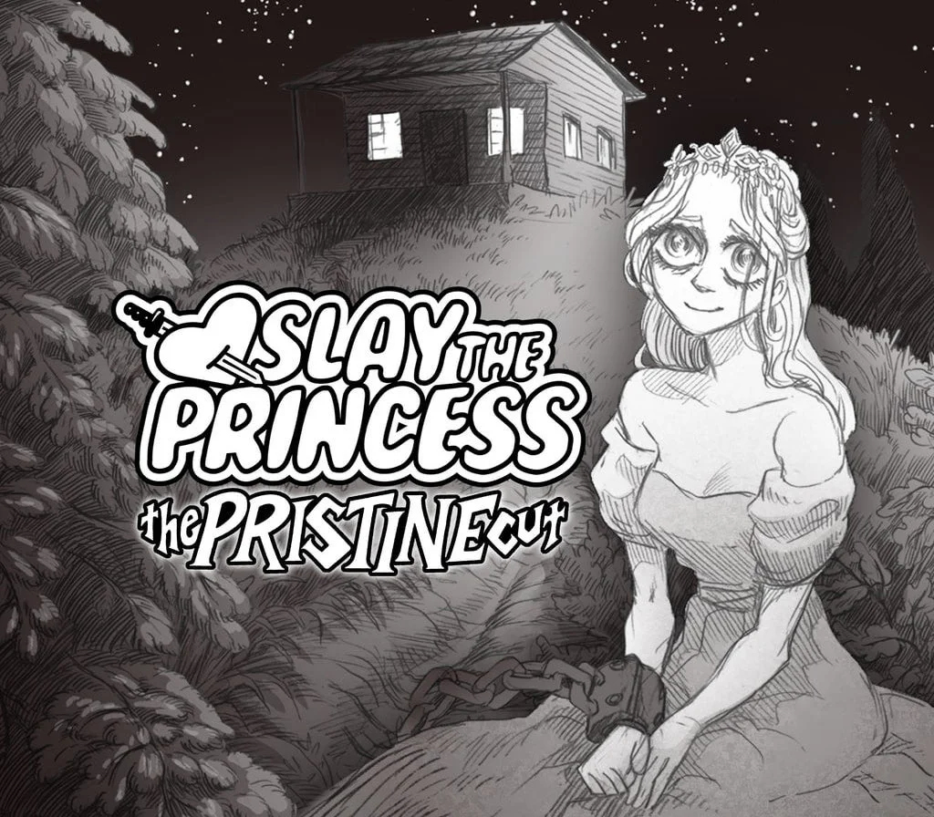 Pencil cover: cabin on a night hill, chained princess in glasses and a pale dress, Slay the Princess the Pristine Cut wordmark