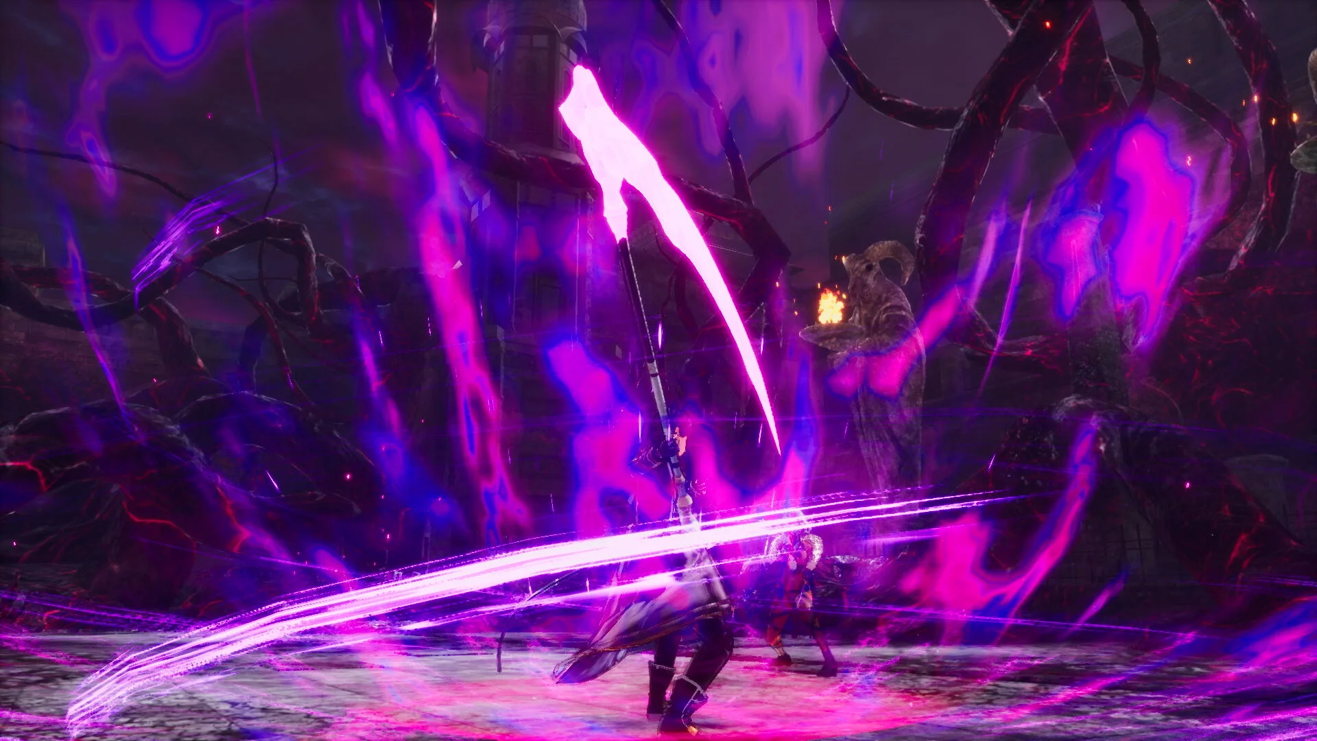 A fighter swings a glowing purple scythe through tentacles in a ruined courtyard