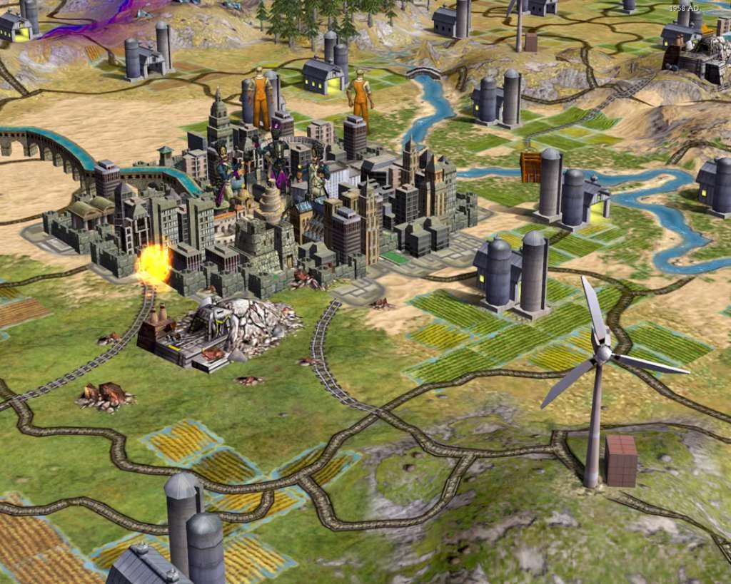An industrial city with smokestacks and a wind turbine