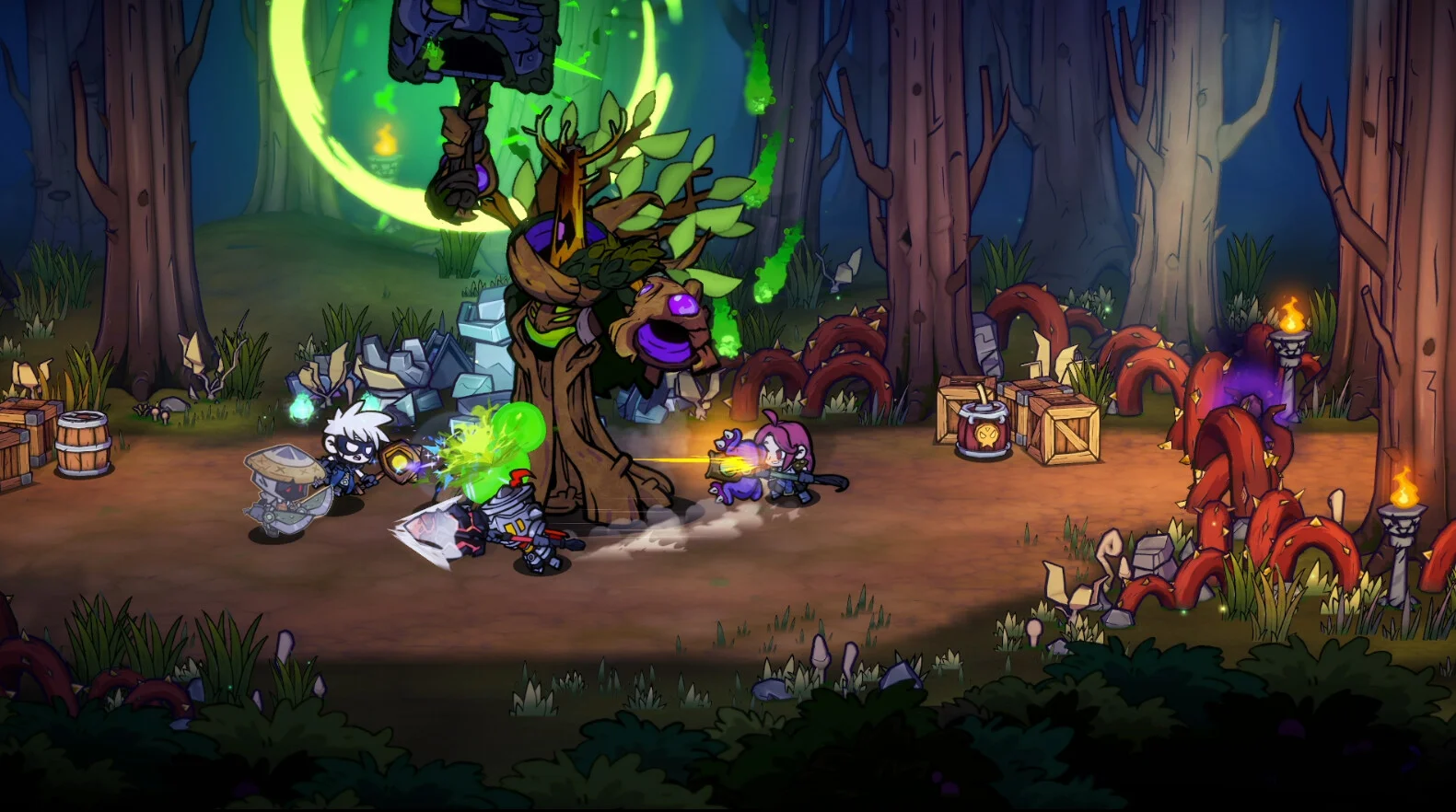 A party gathered in a forest under a glowing green tree