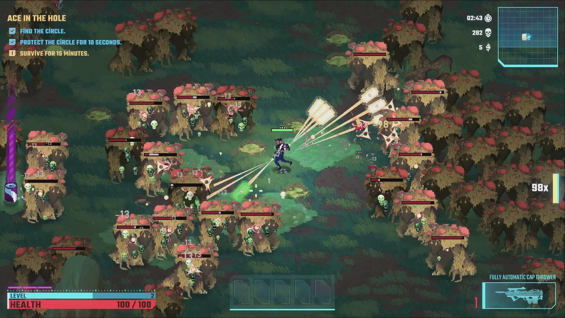 Mushroom field: Fully Automatic Cap Thrower, 98x, Ace in the Hole, Health 100/100