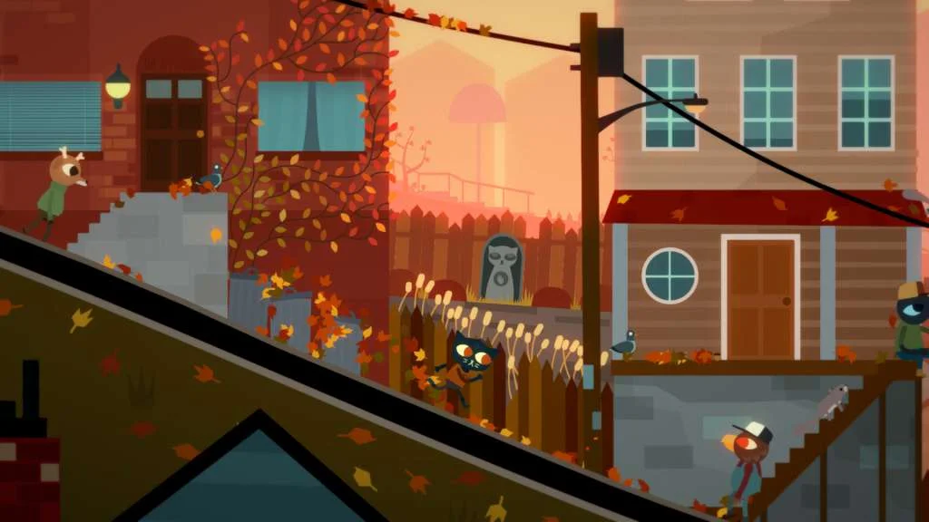Mae running through an autumn street in Possum Springs under power lines