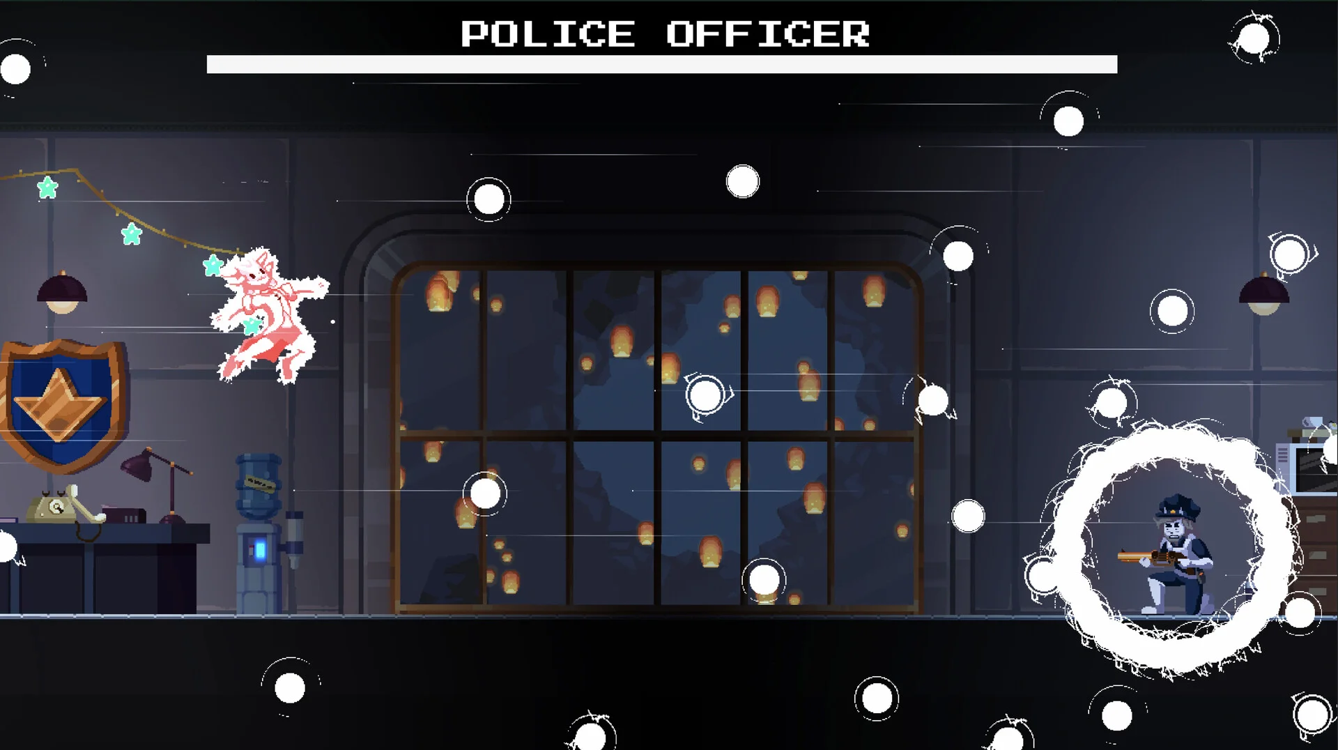 POLICE OFFICER boss bar, pink dashed jumper on the left and a cop with a gun in a white circle