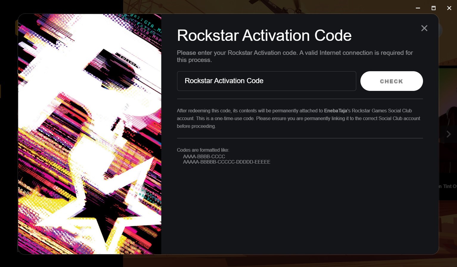 Rockstar Games Launcher code activation window