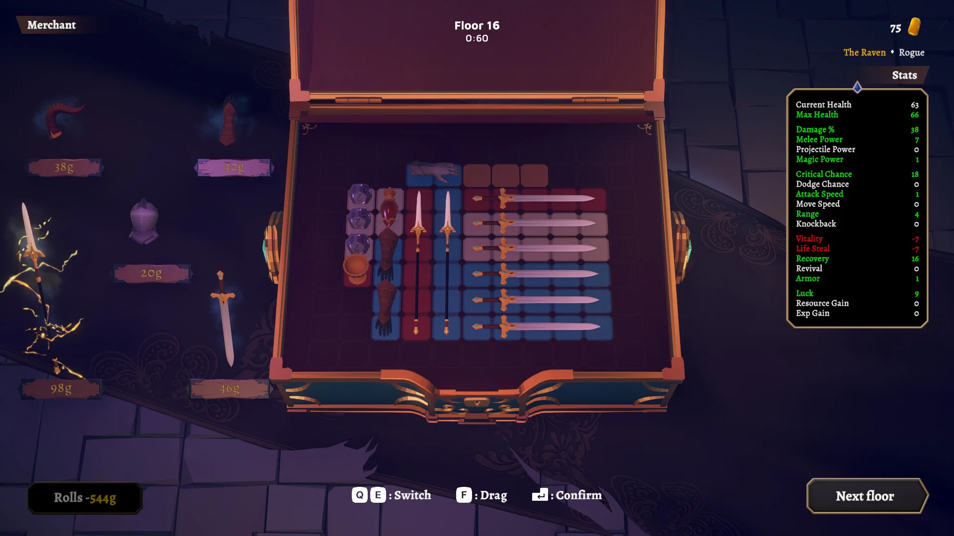 A merchant inventory chest on Floor 16 with swords, gloves and a Next floor button