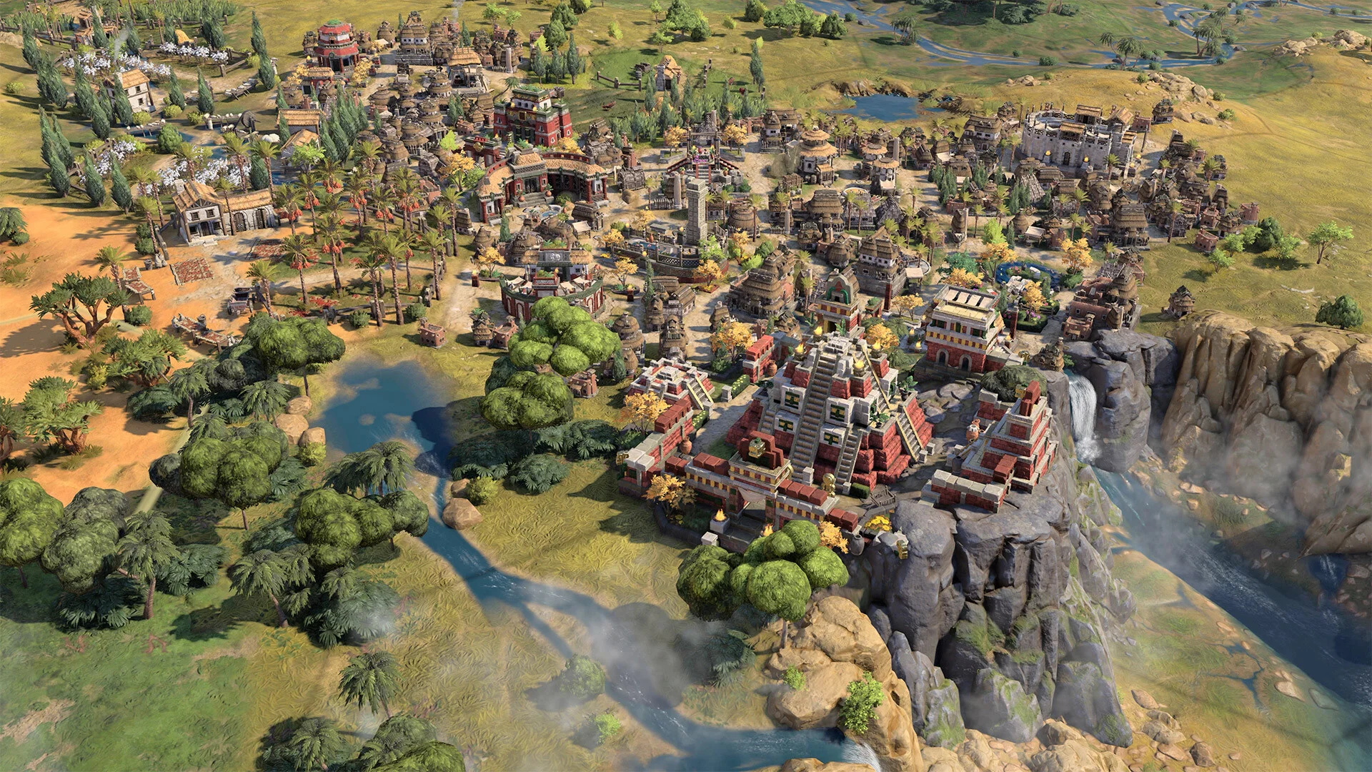 Red-roofed cliff temple and palaces above a river, palms and a waterfall beside the compound