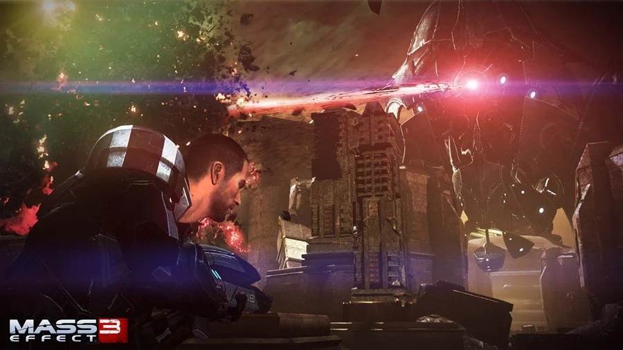 Mass Effect 3 cover fight against a Reaper on a burning street