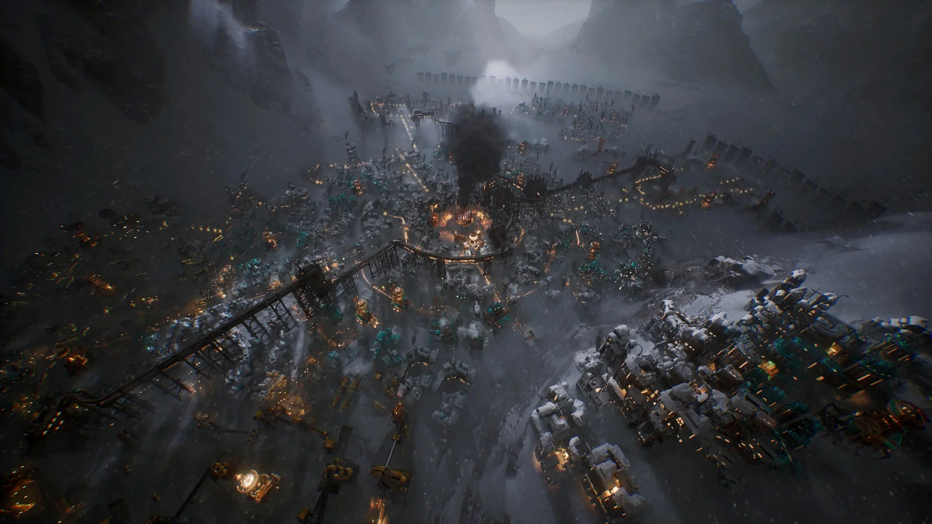 Aerial view of a snowbound generator city with smoke, amber lights and long conveyor bridges