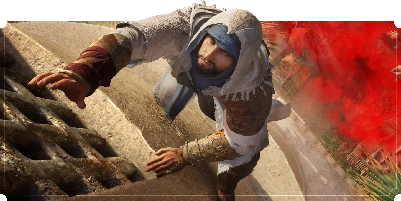 Basim in a white hood climbing a stone wall while red smoke billows from a street below in Baghdad