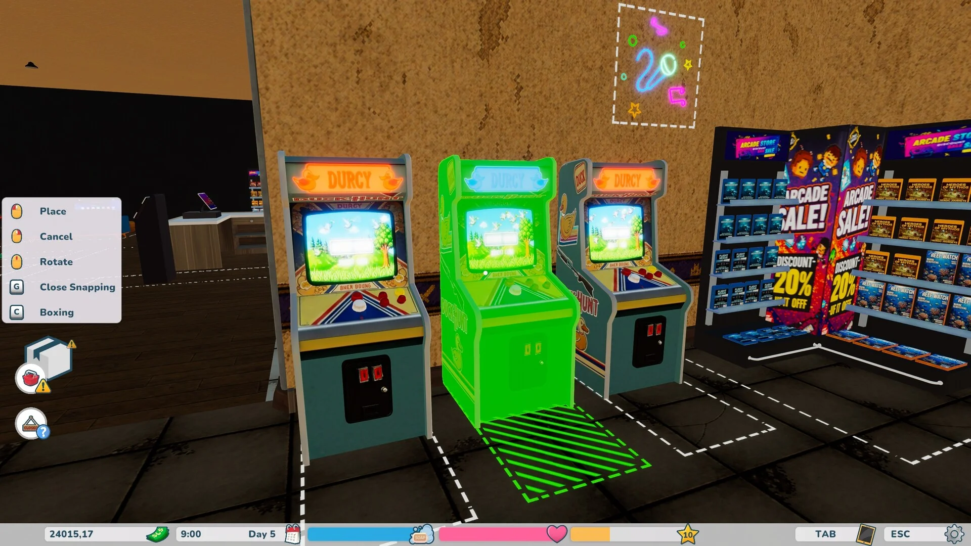 Retro Arcade Shop Simulator cabinet floor plan with pinball