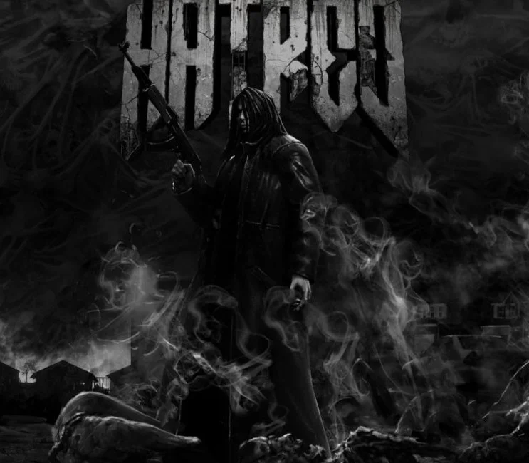 Cover: HATRED logo, antagonist in a long trench coat holding a rifle over smoke, suburban silhouettes and bodies below