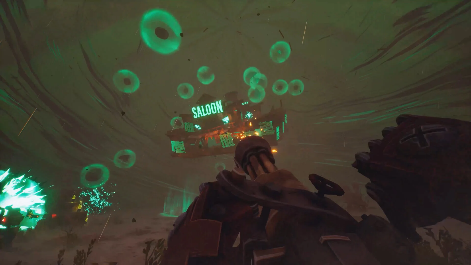 First-person view of a floating SALOON building in green fog, glowing green rings, robot arm and a spiked gauntlet in the foreground