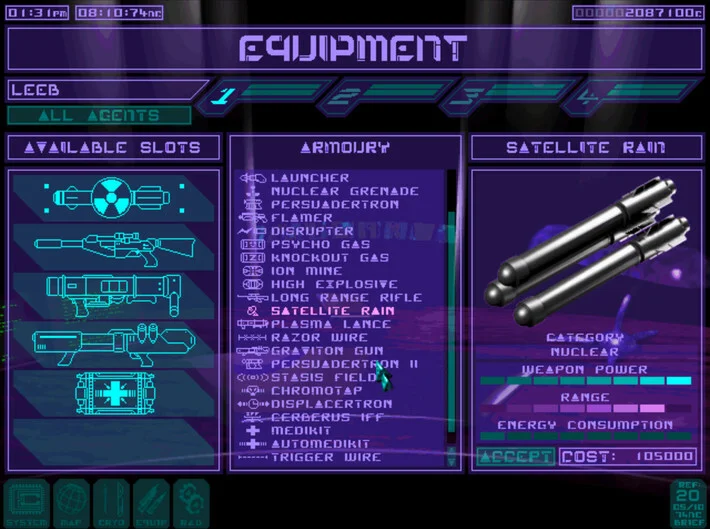 Purple equipment screen showing a satellite laser and agent stats.