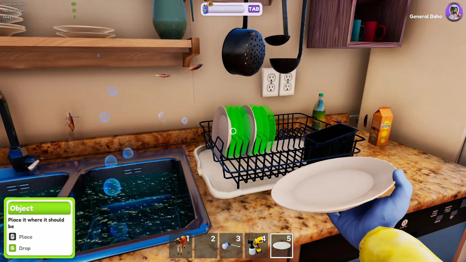 Kitchen first-person, blue gloves holding a white plate, green plates in a rack, soapy sink, cockroaches on the wall, Object Place prompt