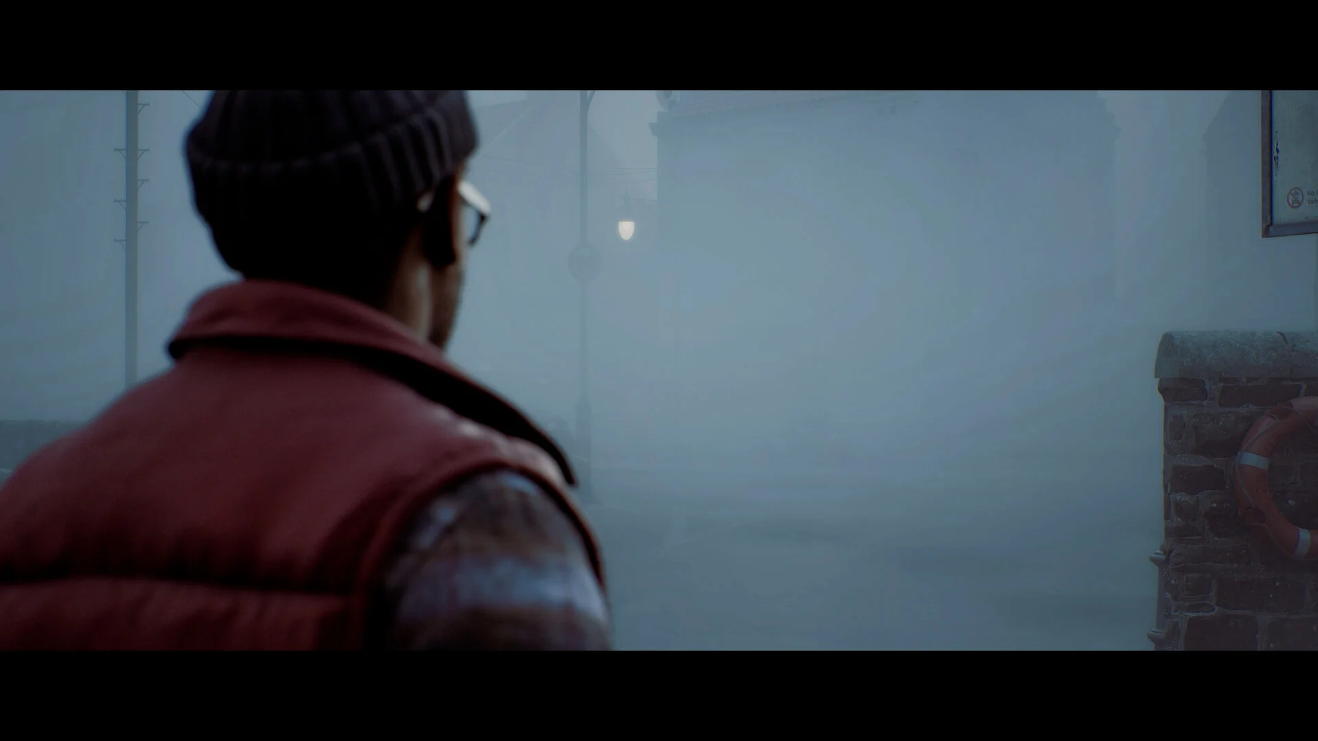 Over-the-shoulder view of a red vest and beanie facing thick blue fog, a distant street lamp, and an orange life ring on brick