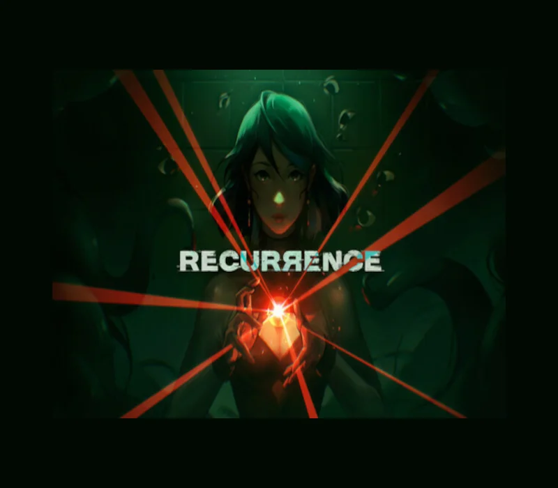 Cover: teal-haired woman holding a glowing orange crystal with red laser lines; RECURRENCE title on green tile