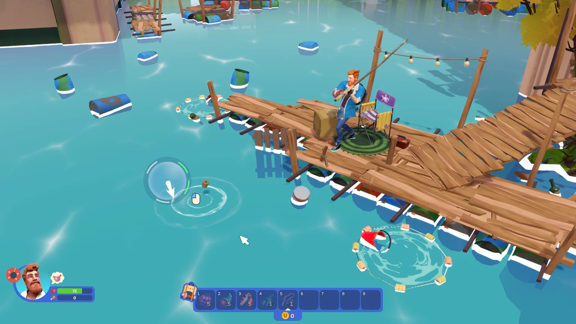 Wooden pier over teal water, man fishing, barrels floating, HUD 72 and a numbered hotbar 1 to 9