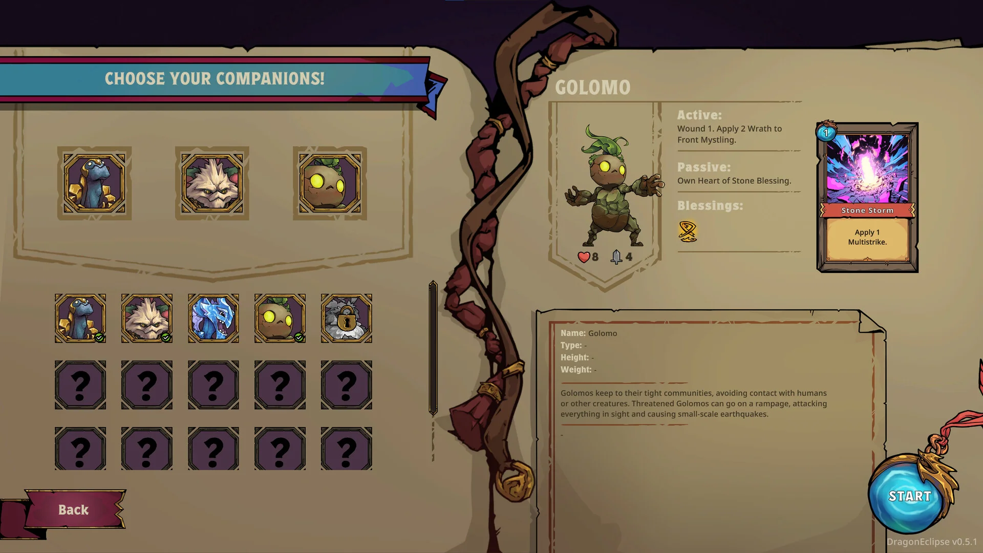CHOOSE YOUR COMPANIONS: Golomo plant creature HP 8, Stone Storm card and START