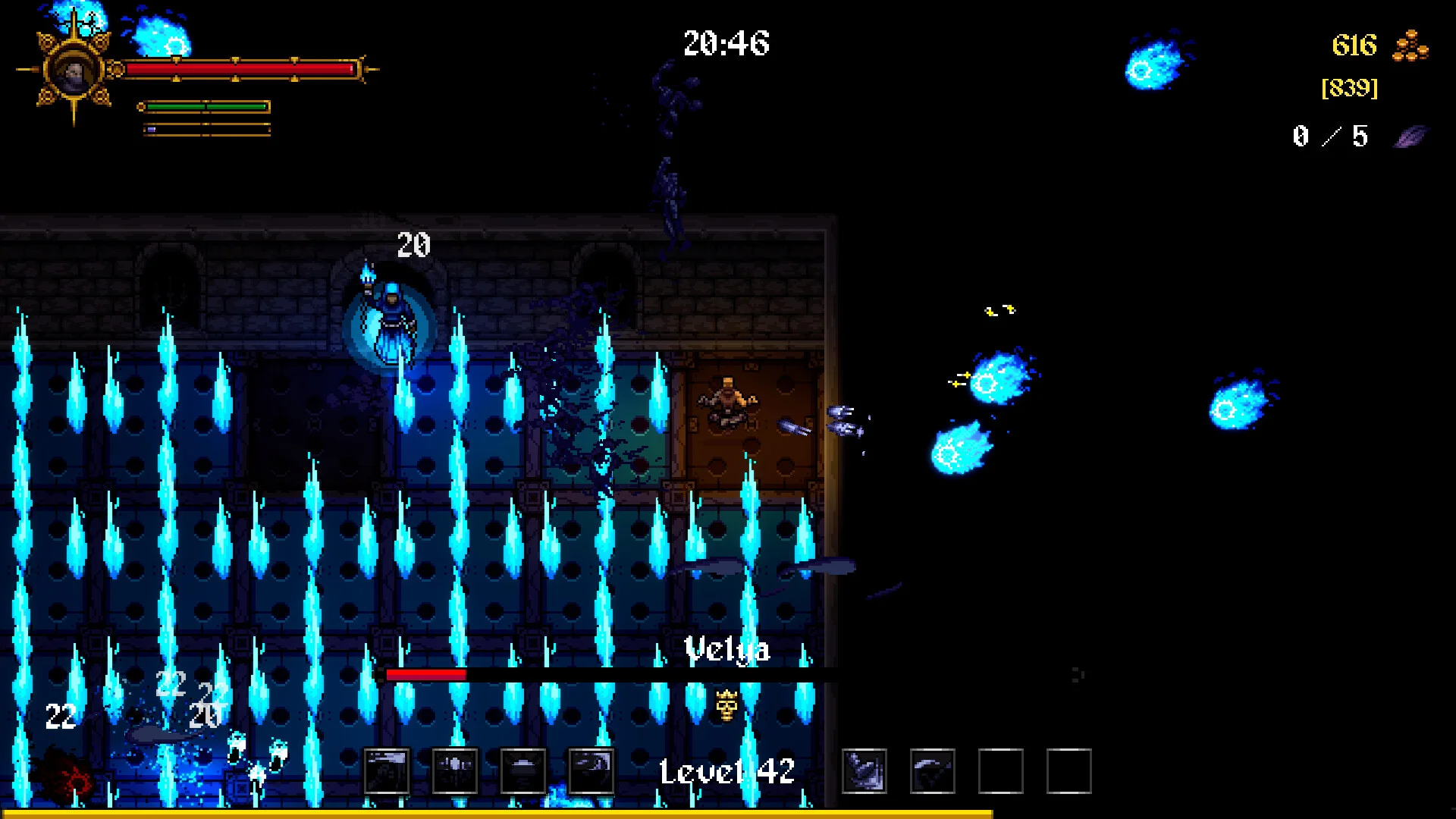 Velja: blue fire pillars, boss on a brown platform, Level 42, 20:46