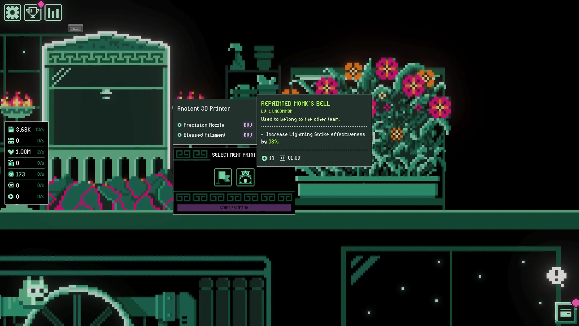 It's Fine: Ancient 3D Printer menu for a Repainted Monk's Bell beside a flowering planter; resource counters on the left