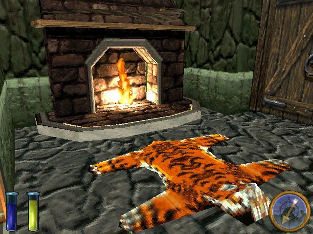 Stone room: fireplace, tiger-stripe hide on the floor, wooden door, compass and vials