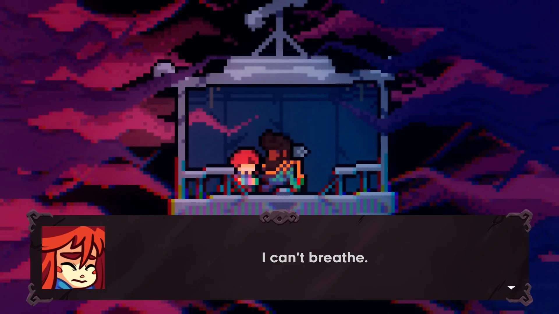 Gondola cabin with two pixel figures, dialogue I can't breathe.